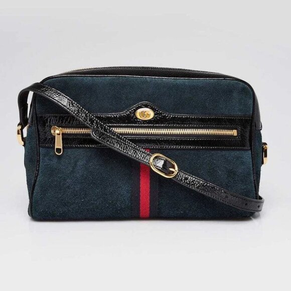 Gucci Blue Suede/Crinkle Patent Leather Small Ophidia Crossbody Bag - Picture 1 of 12